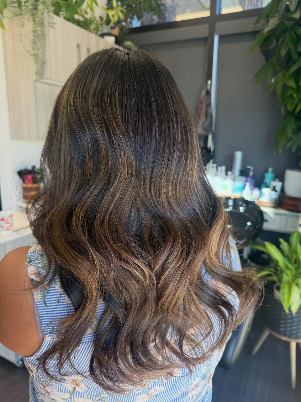 Glossy brunette hair with caramel ribbons