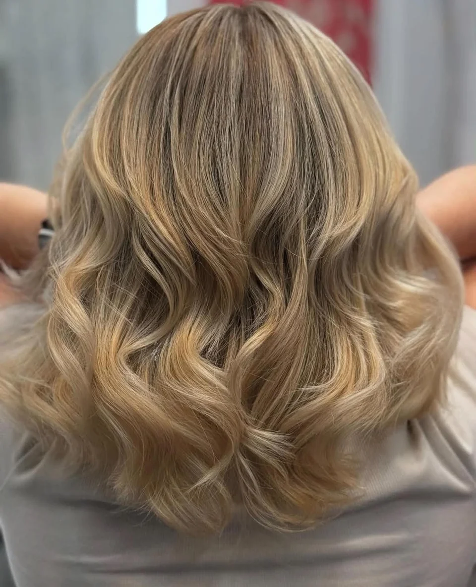 Beige blonde bob styled in smooth sculpted waves