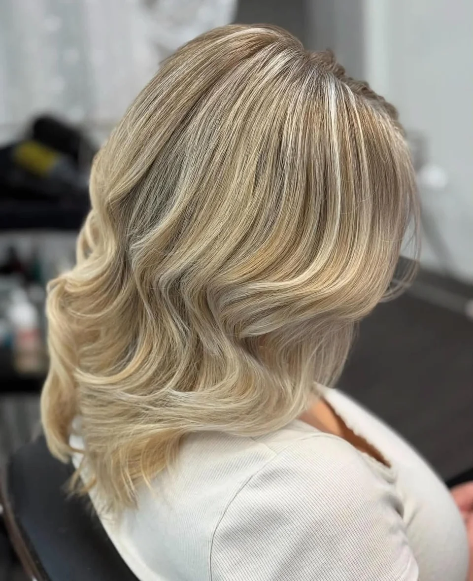 Champagne blonde hair styled in glossy vintage waves