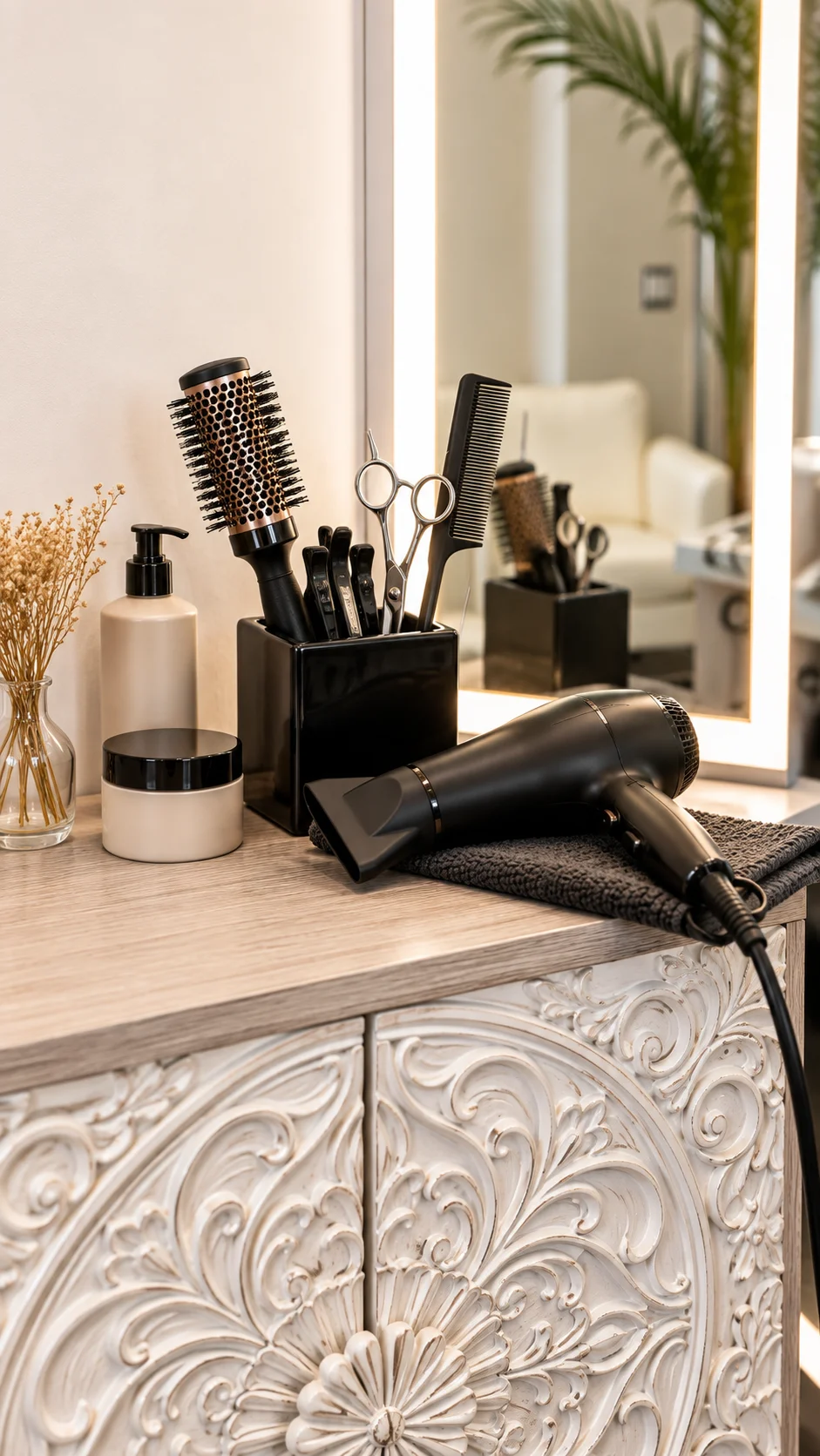 Brushes, scissors, and hair dryer at a styling station