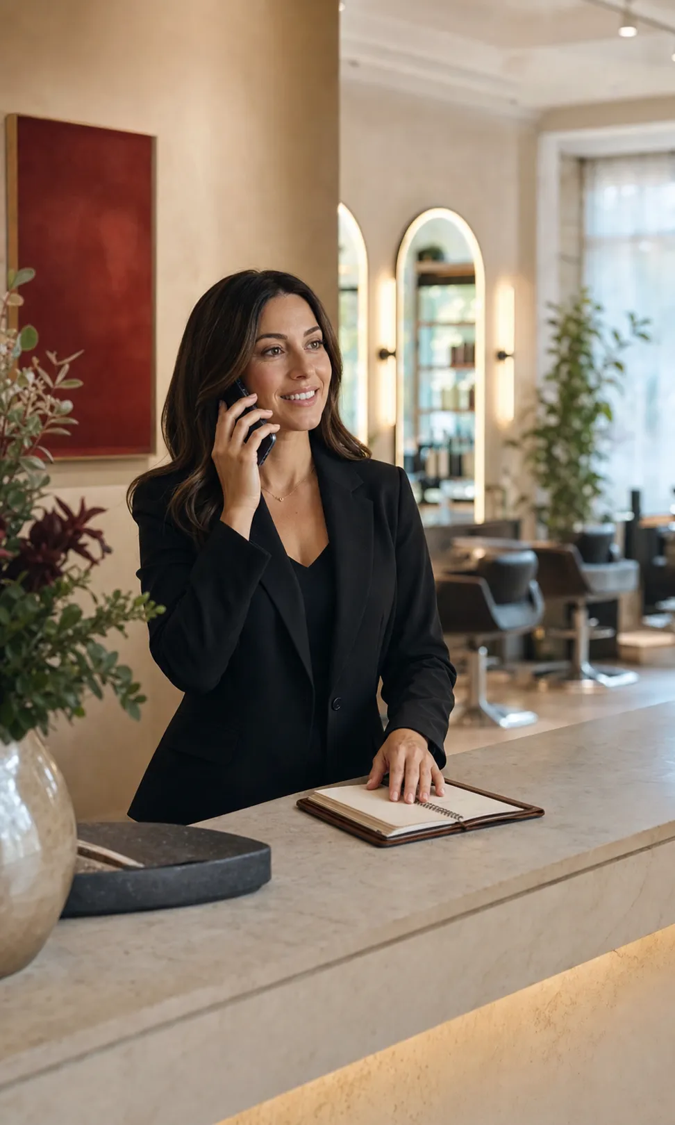 A welcoming salon receptionist answering a guest's call at the front desk