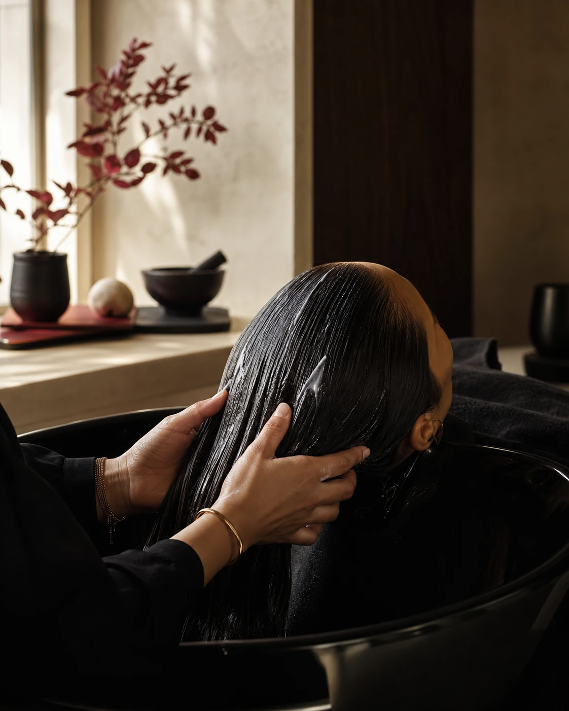 A restorative hair treatment being worked through the hair at the salon basin