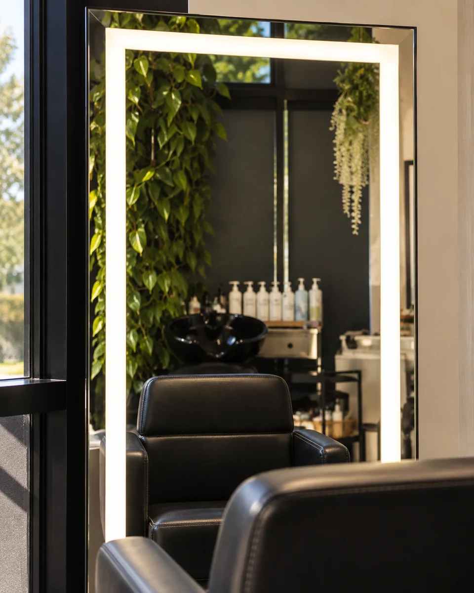 Illuminated mirror reflecting a styling chair and shampoo basin
