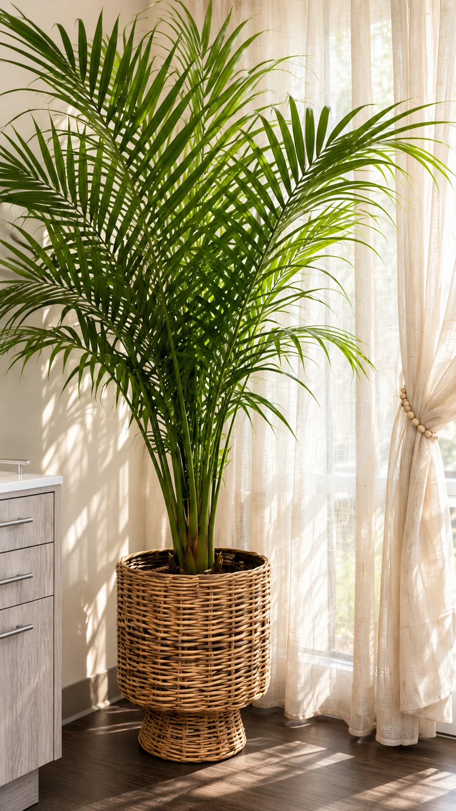 Tall palm in a woven basket beside sunlit curtains
