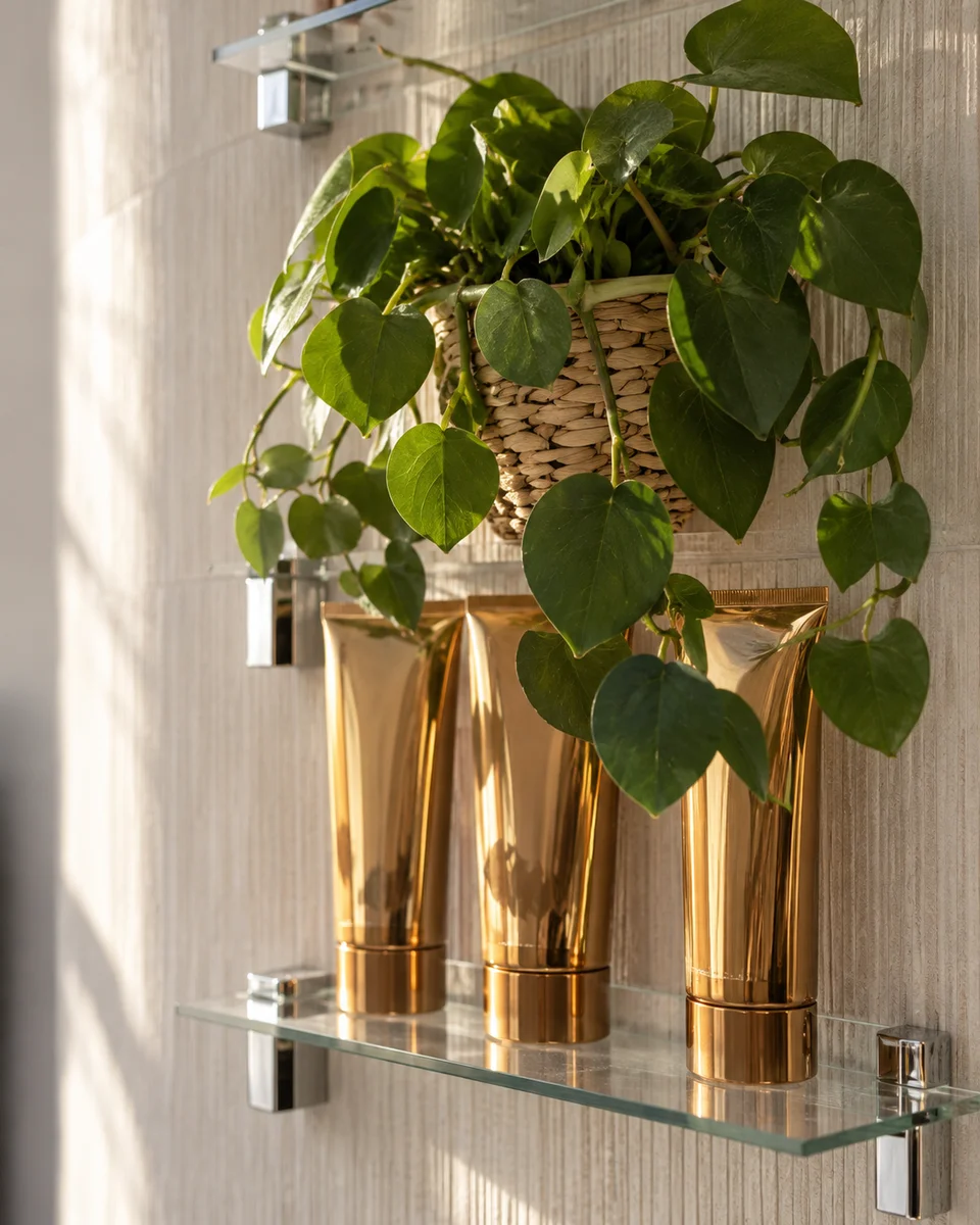 Gold hair product tubes and trailing greenery on a glass shelf