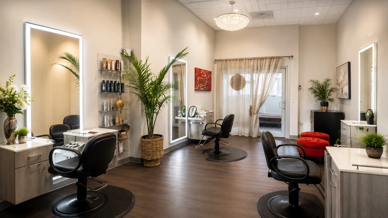 Christopher Anthony Salon interior with styling chairs, illuminated mirrors, and greenery