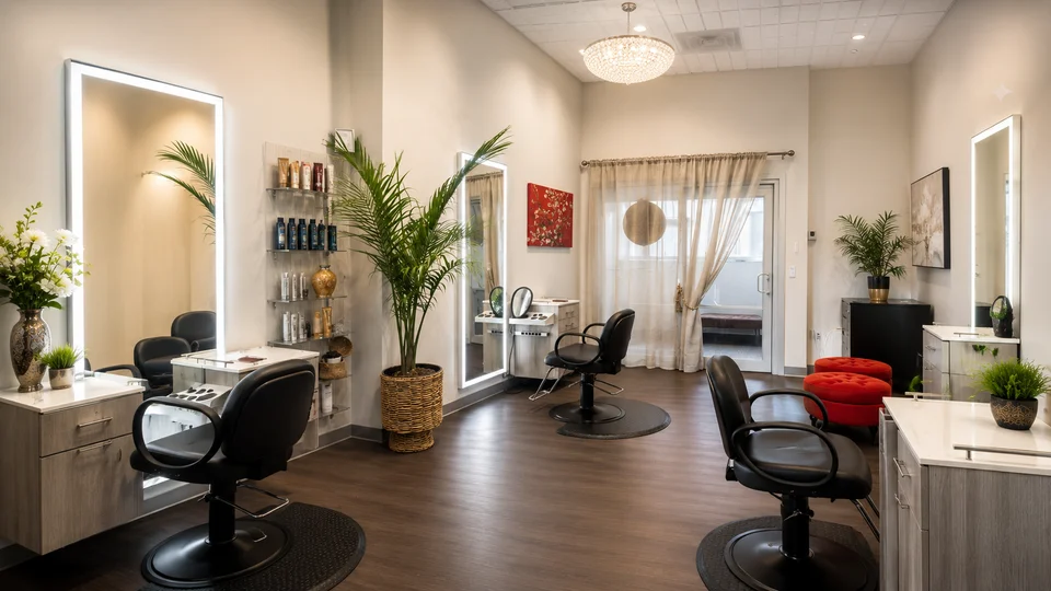 A wide view of the salon interior