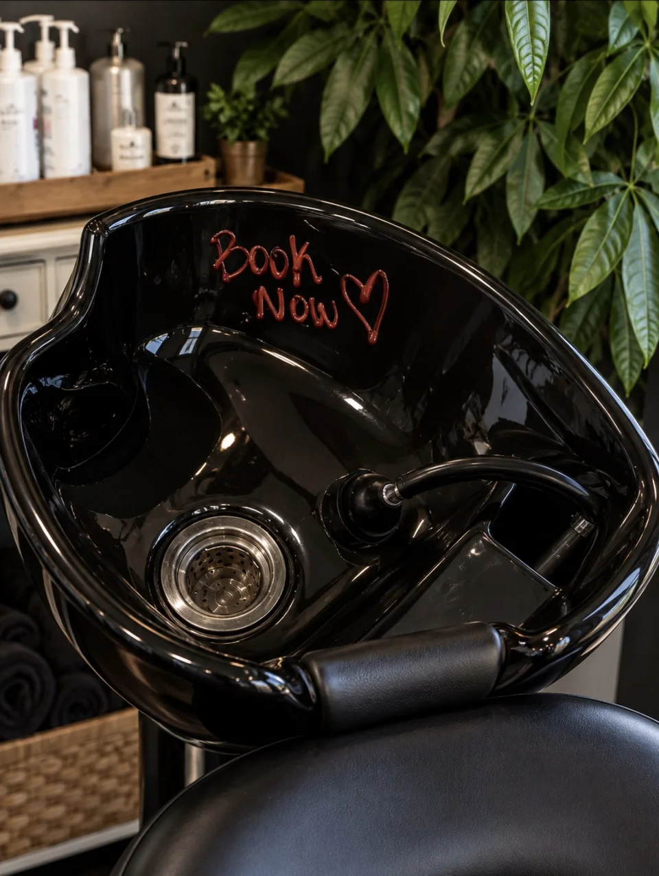 Black shampoo basin surrounded by greenery