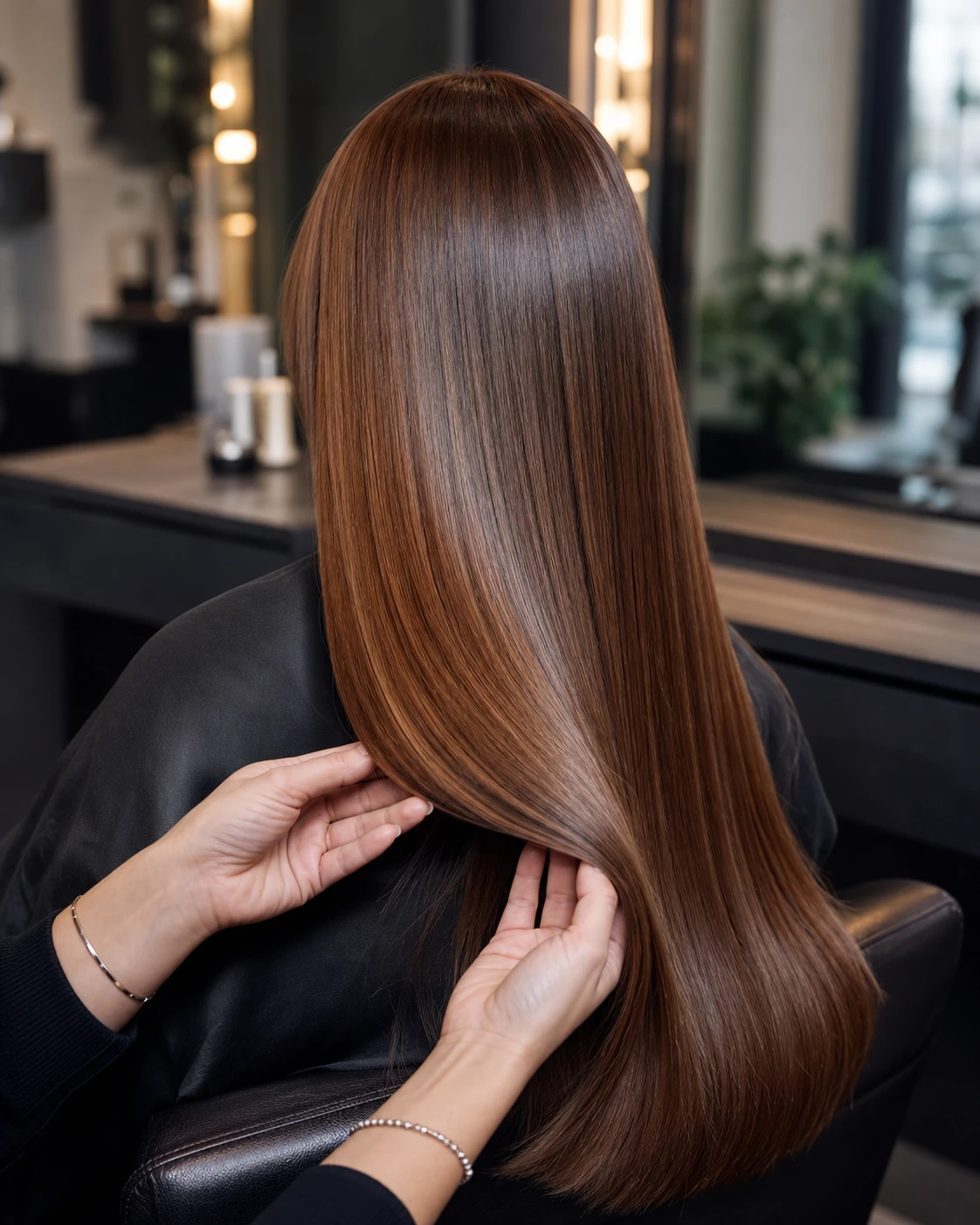 Long, glossy chestnut hair after a professional smoothing treatment