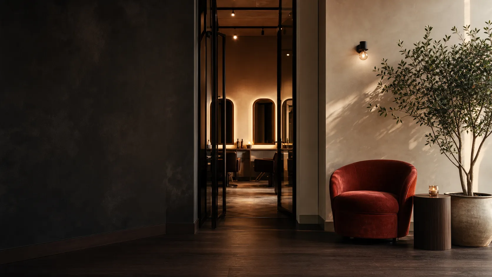 Editorial salon entry with illuminated mirrors, greenery, and a deep red accent chair